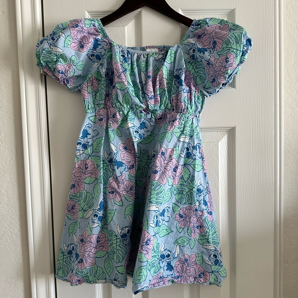 Disney Girl's Stitch Hibiscus Flower Print Blue Puff Sleeve Dress, Size XL (14)